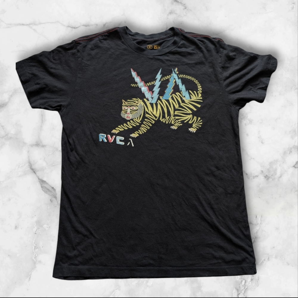 RVCA Black Tee with Vibrant Tiger Graphic